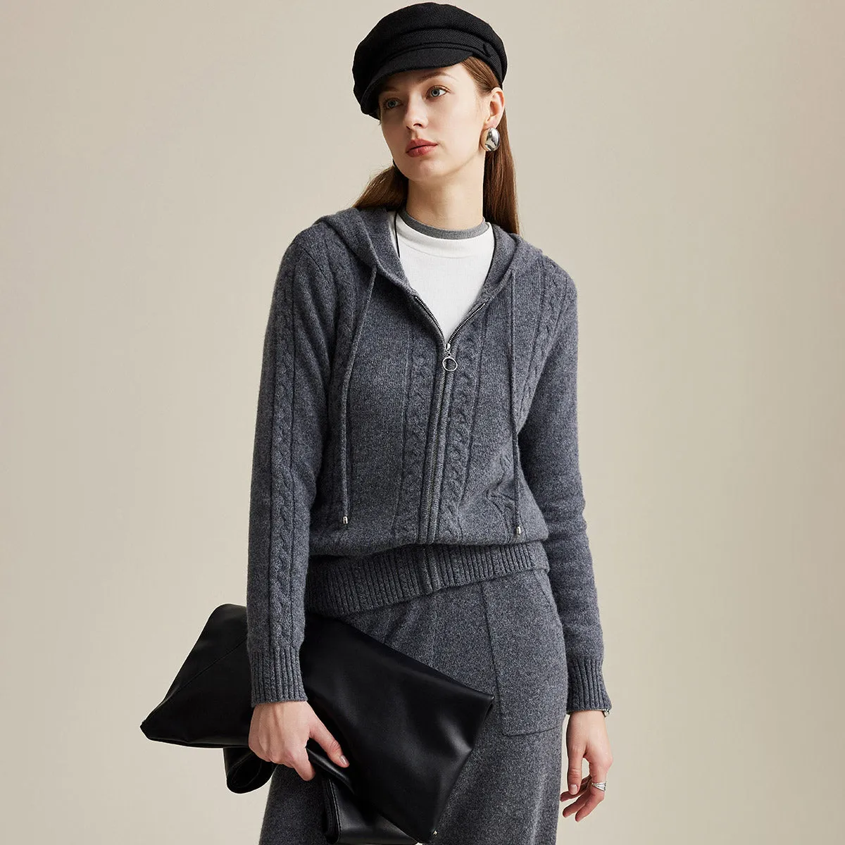 100% Wool Cozy Cable Knit Zip-Up Cardigan Hoodie