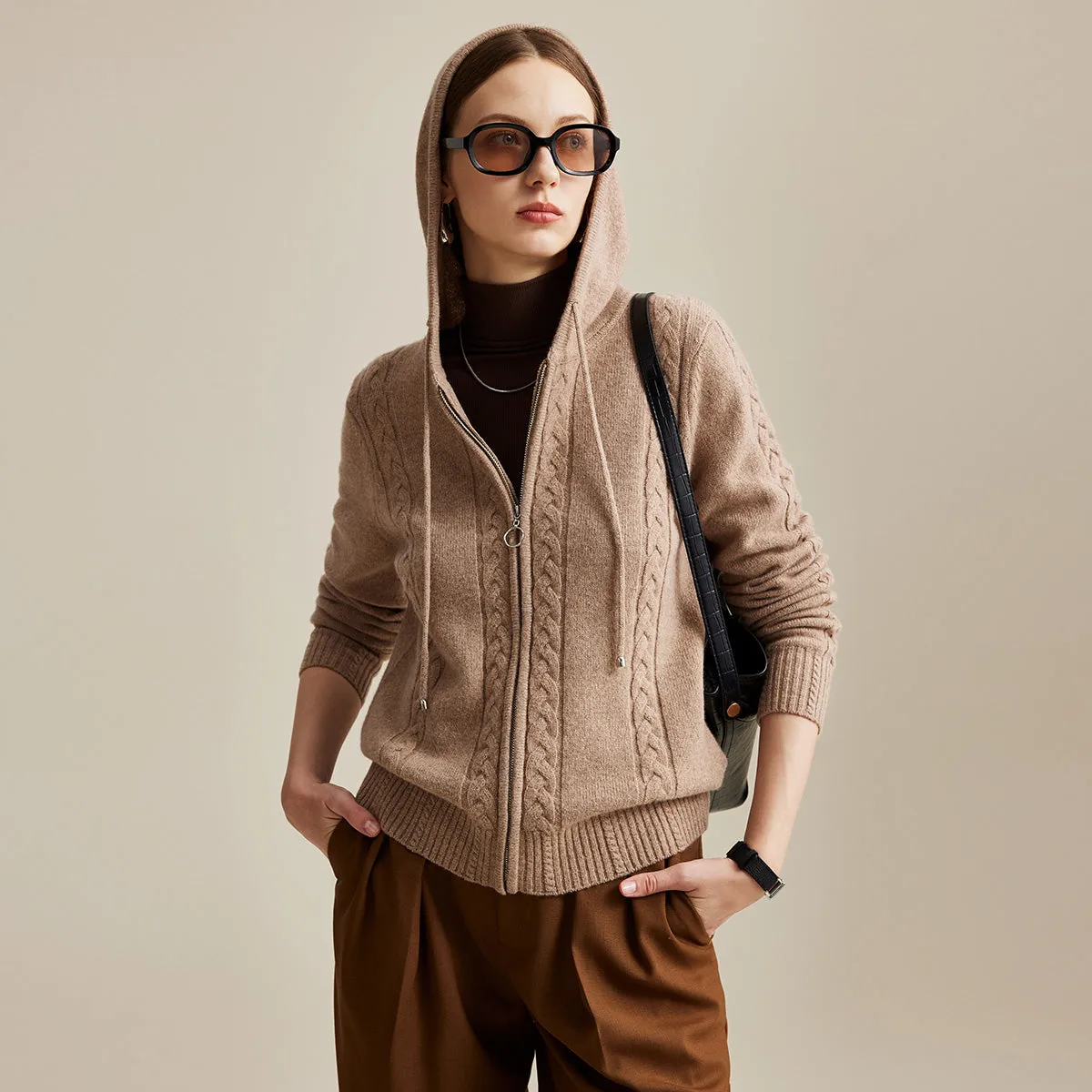 100% Wool Cozy Cable Knit Zip-Up Cardigan Hoodie