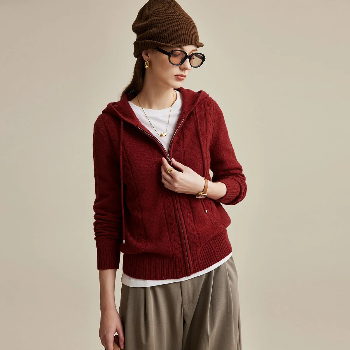 100% Wool Cozy Cable Knit Zip-Up Cardigan Hoodie