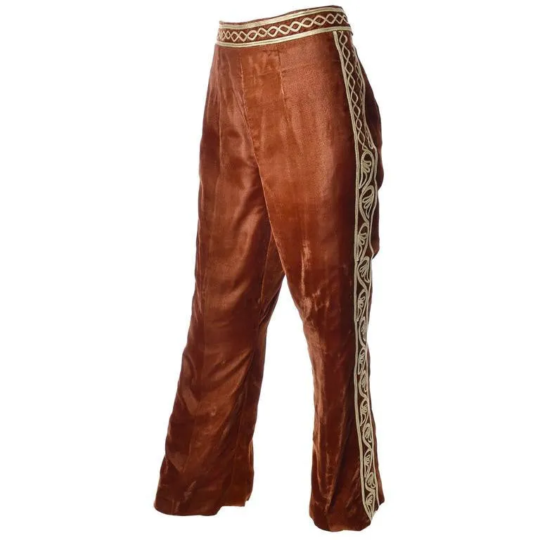 1960s Brown Velvet Vintage Pantsuit Pashtun with Gold Embroidery on Waistcoat and Pants