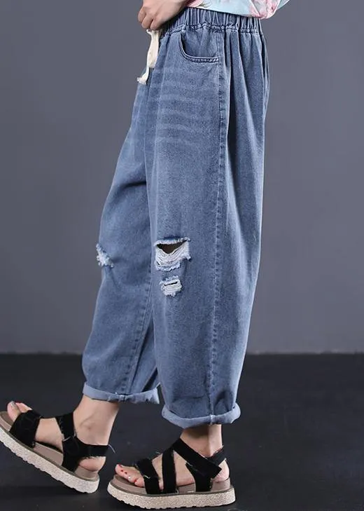 2019 new denim blue plus size pants elastic waist drawstring ripped Jeans