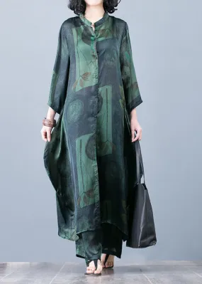 2022 thin green print chiffon wide-leg pants two-piece suit