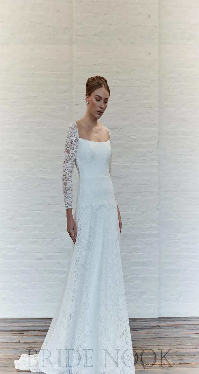 A-Line long Sleeves Square Neck Lace Wedding Dress With Cover Back