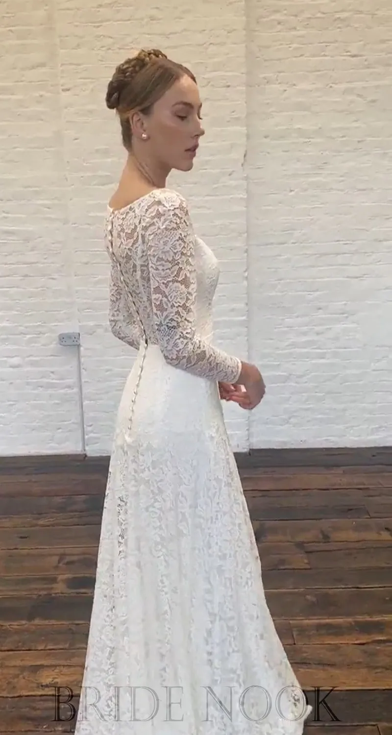 A-Line long Sleeves Square Neck Lace Wedding Dress With Cover Back