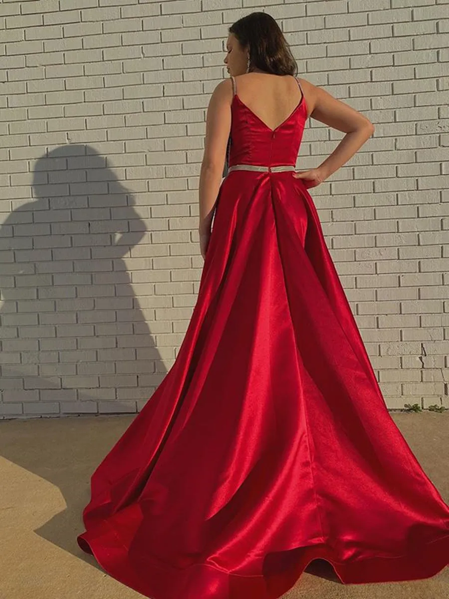 A Line V Neck Red Satin Long Prom with Belt, V Neck Red Formal, Red Evening