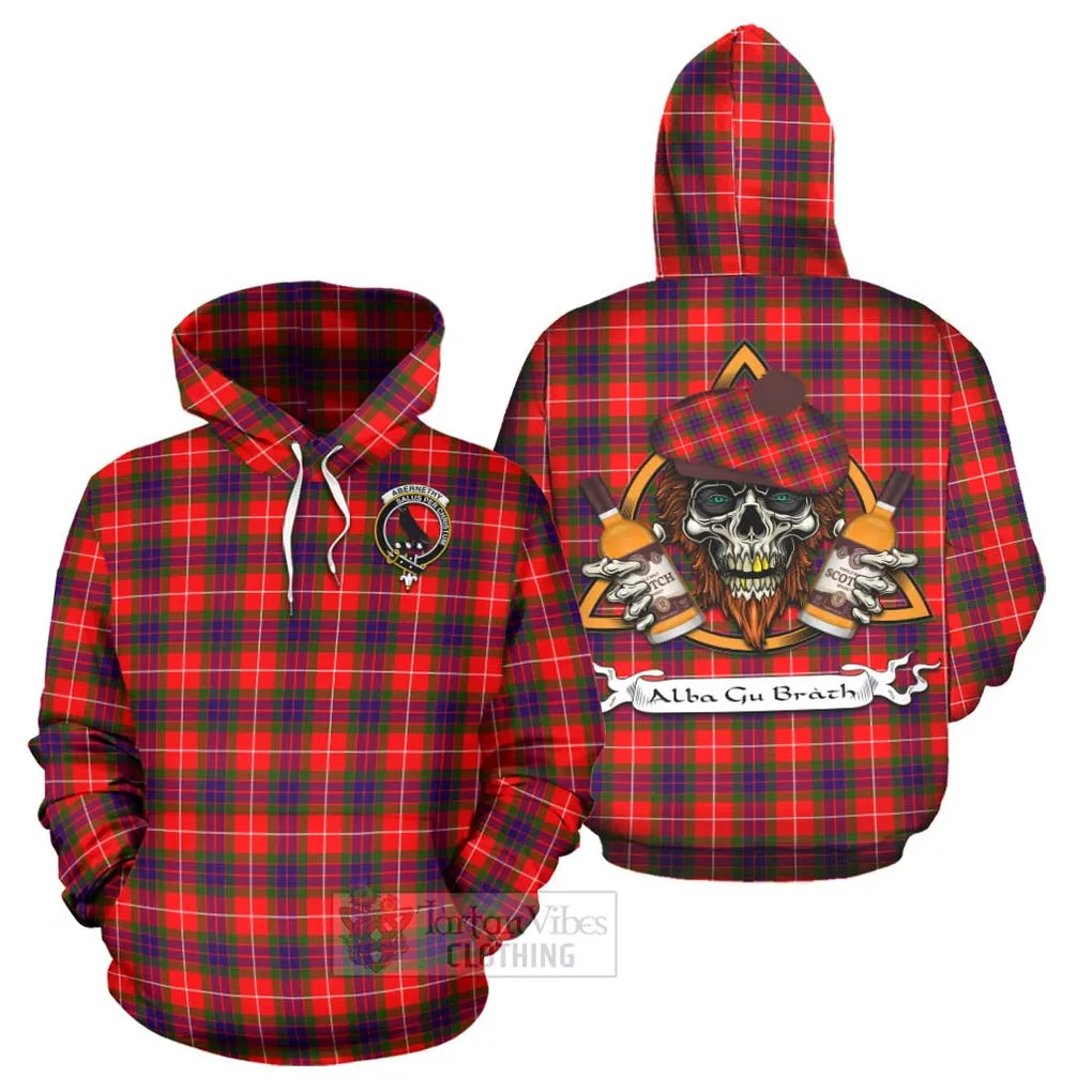 Abernethy Tartan Hoodie with Family Crest and Bearded Skull Holding Bottles of Whiskey