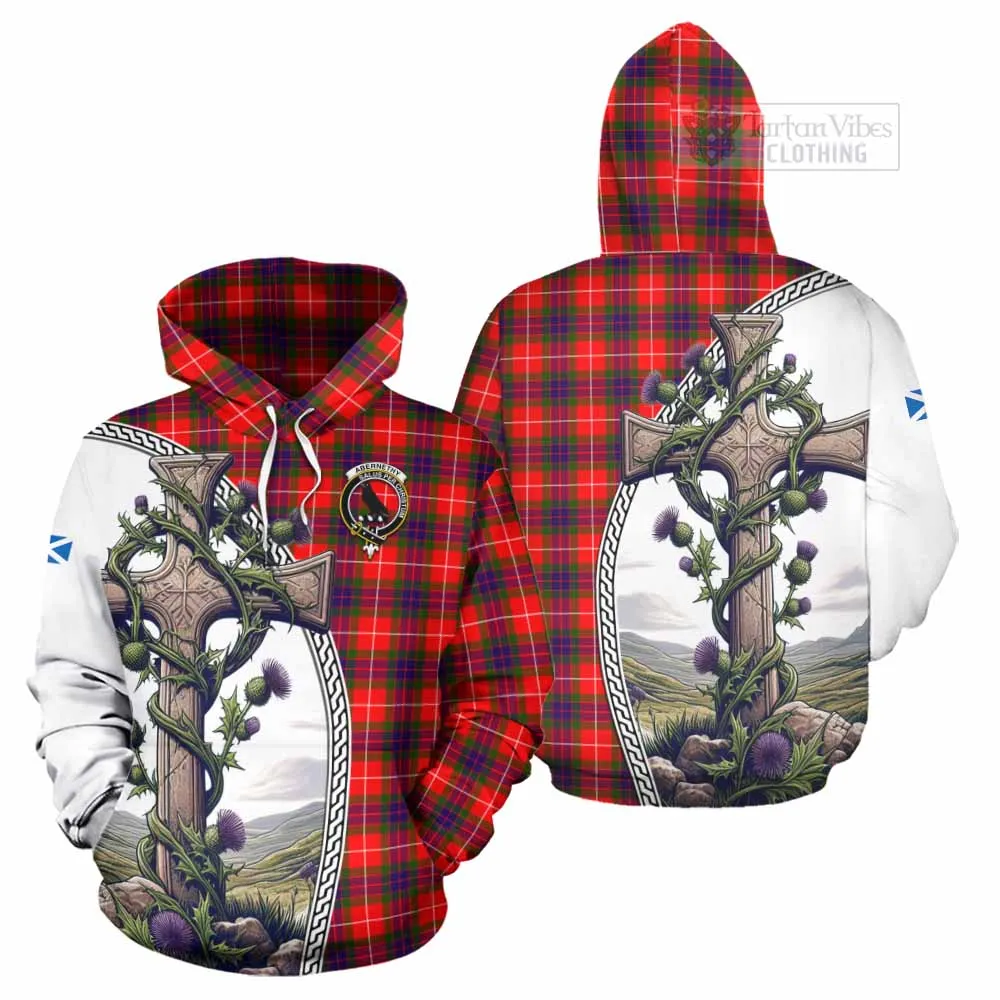 Abernethy Tartan Hoodie with Family Crest and St. Andrew's Cross Accented by Thistle Vines