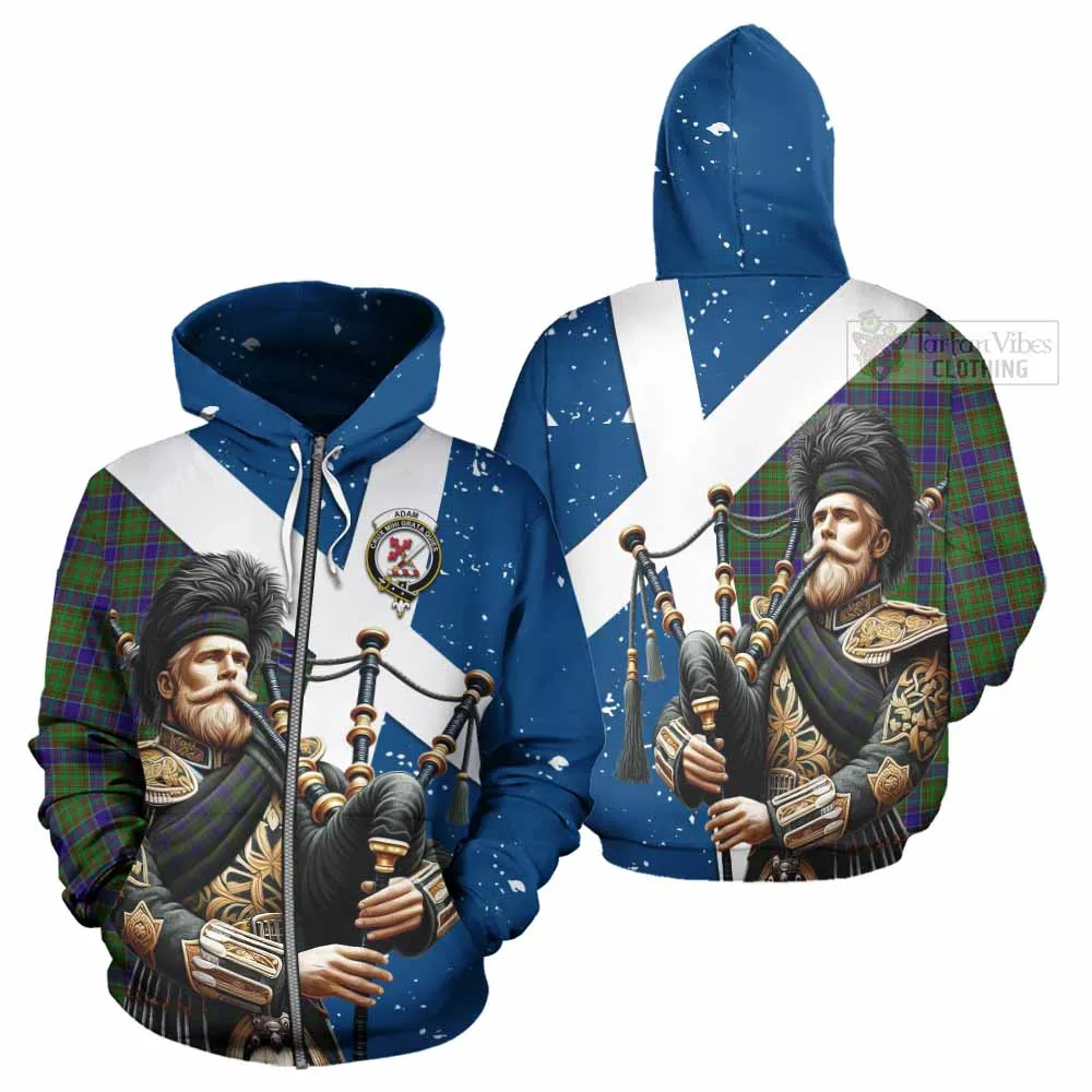 Adam Tartan Hoodie with Family Crest Scottish Bagpiper Vibes