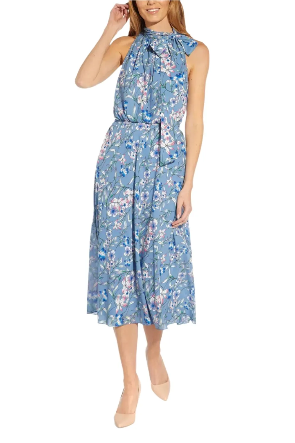 Adrianna Papell Tie Halter Neck Sleeveless Blouson Floral Print Fit & Flare Chiffon Dress