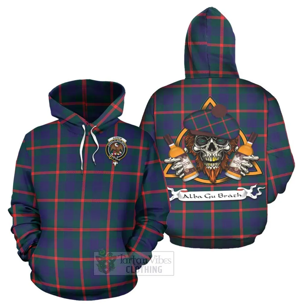 Agnew Tartan Hoodie with Family Crest and Bearded Skull Holding Bottles of Whiskey