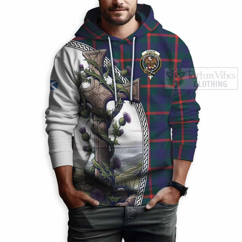 Agnew Tartan Hoodie with Family Crest and St. Andrew's Cross Accented by Thistle Vines