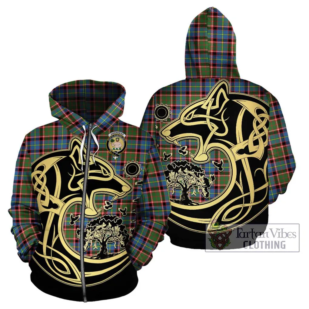 Aikenhead Tartan Hoodie with Family Crest Celtic Wolf Style