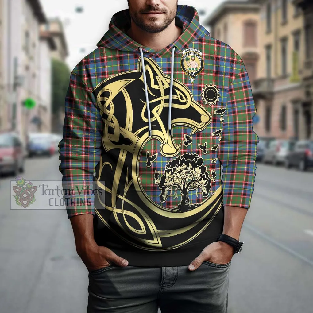 Aikenhead Tartan Hoodie with Family Crest Celtic Wolf Style