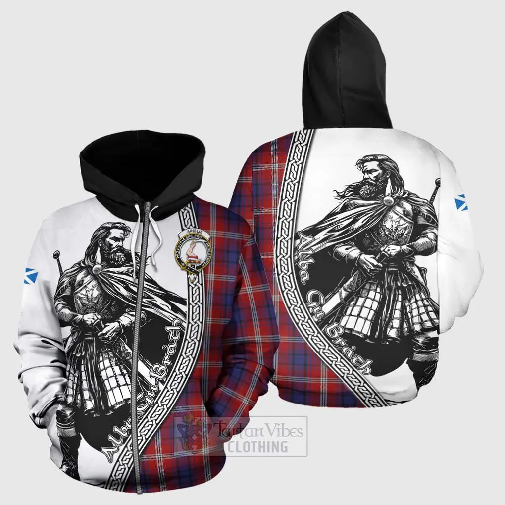 Ainslie Tartan Clan Crest Hoodie with Highlander Warrior Celtic Style