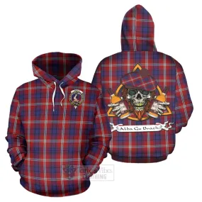 Ainslie Tartan Hoodie with Family Crest and Bearded Skull Holding Bottles of Whiskey