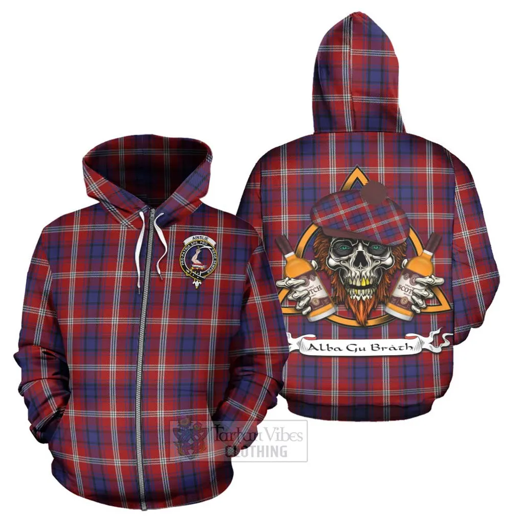 Ainslie Tartan Hoodie with Family Crest and Bearded Skull Holding Bottles of Whiskey