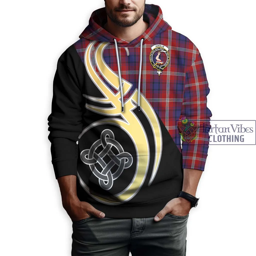 Ainslie Tartan Hoodie with Family Crest and Celtic Symbol Style