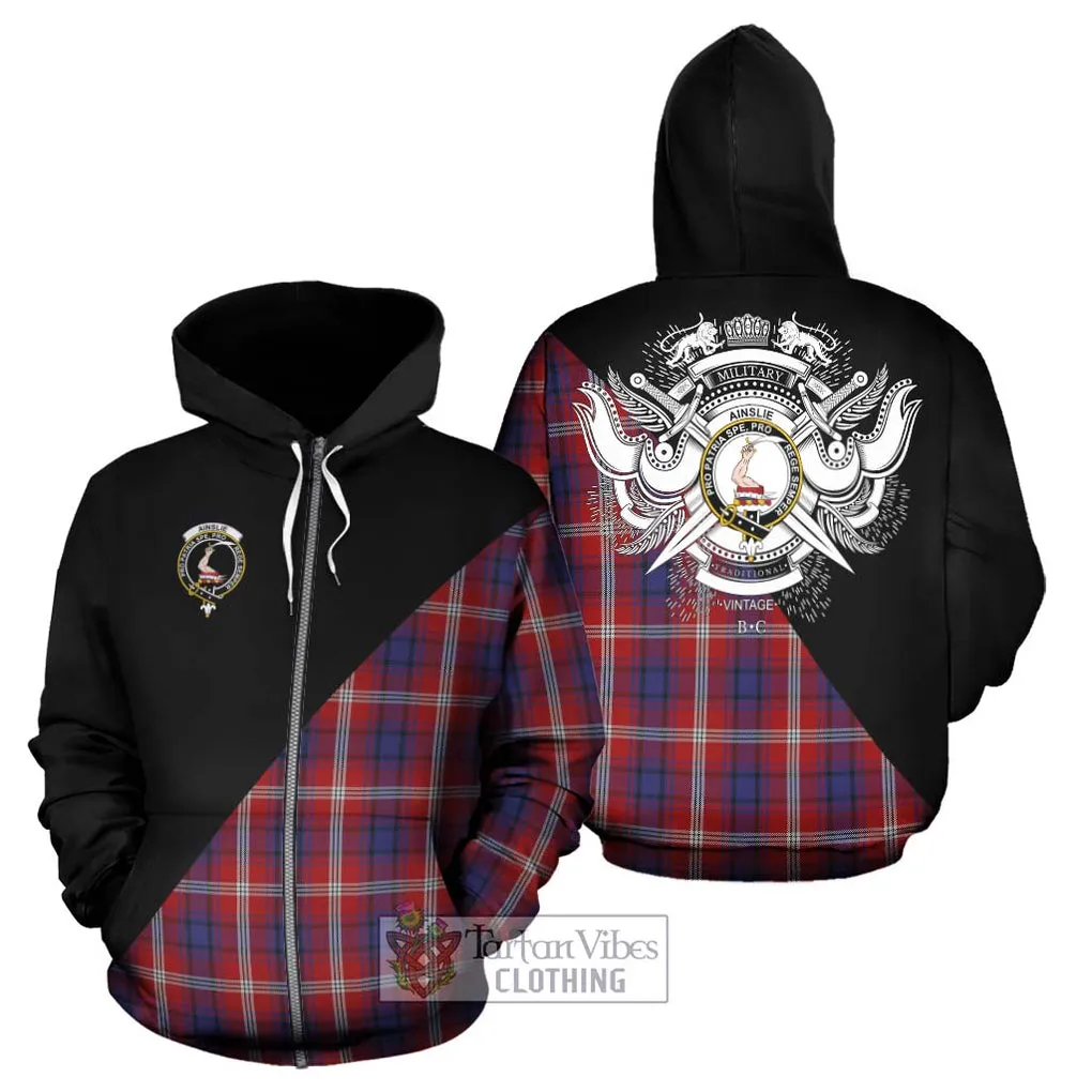 Ainslie Tartan Hoodie with Family Crest and Military Logo Style