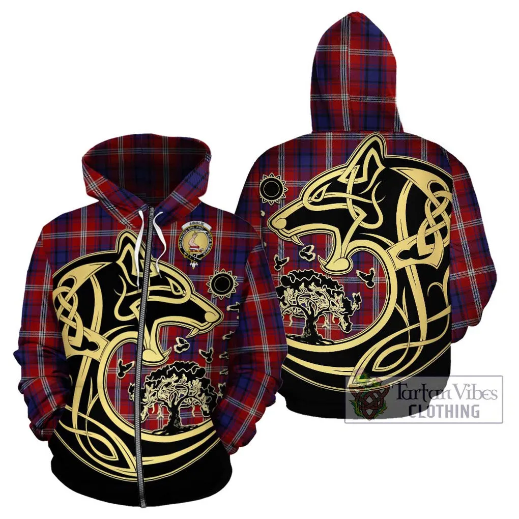 Ainslie Tartan Hoodie with Family Crest Celtic Wolf Style