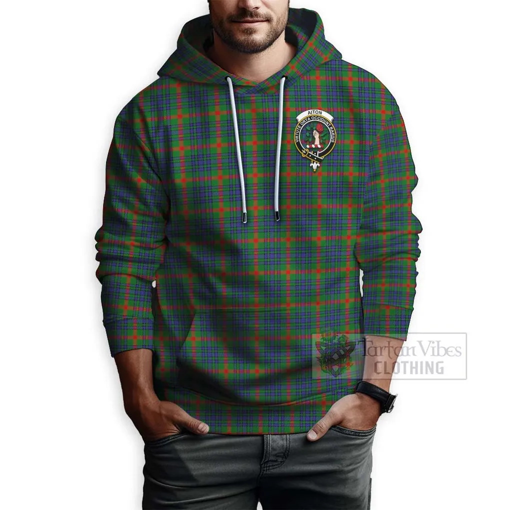 Aiton Tartan Hoodie with Family Crest and Bearded Skull Holding Bottles of Whiskey