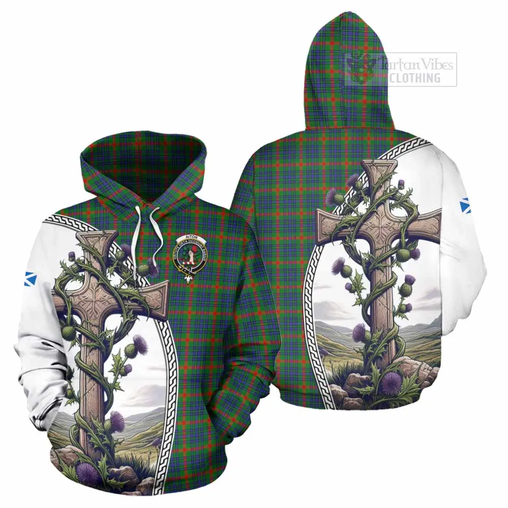 Aiton Tartan Hoodie with Family Crest and St. Andrew's Cross Accented by Thistle Vines