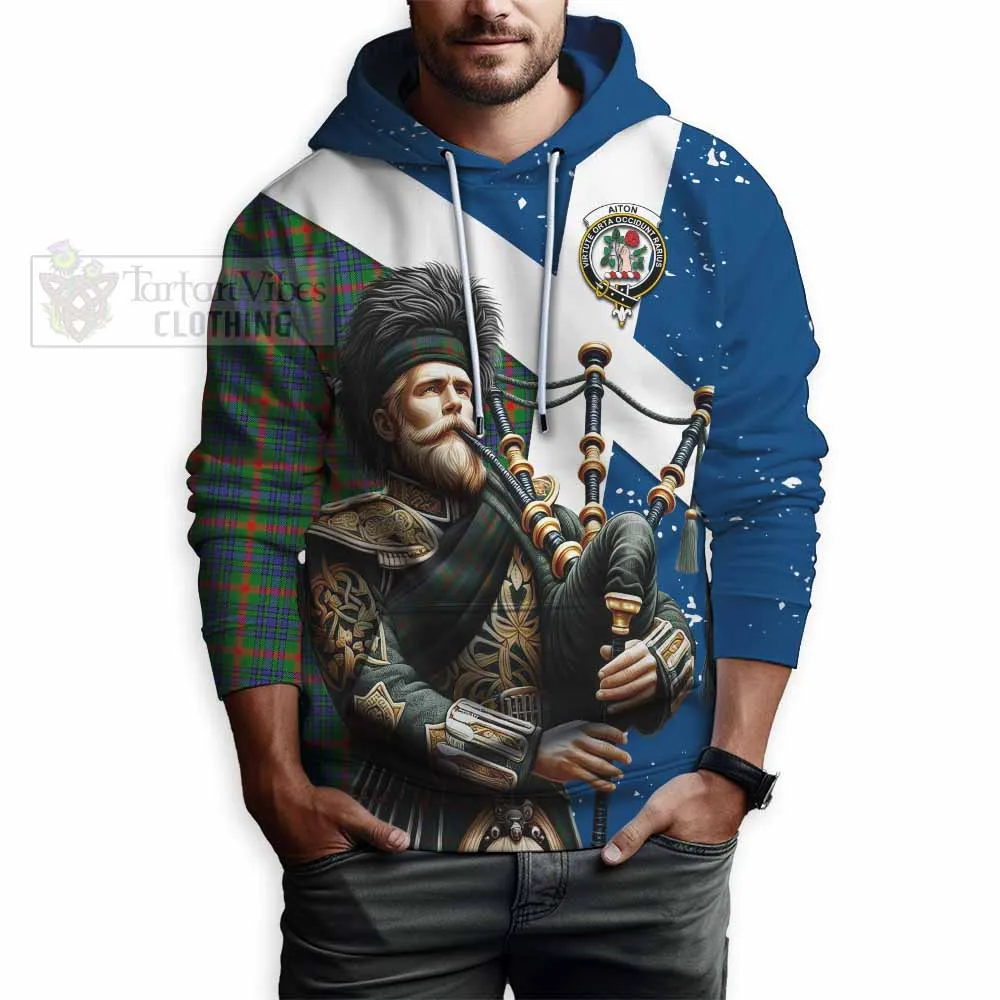 Aiton Tartan Hoodie with Family Crest Scottish Bagpiper Vibes