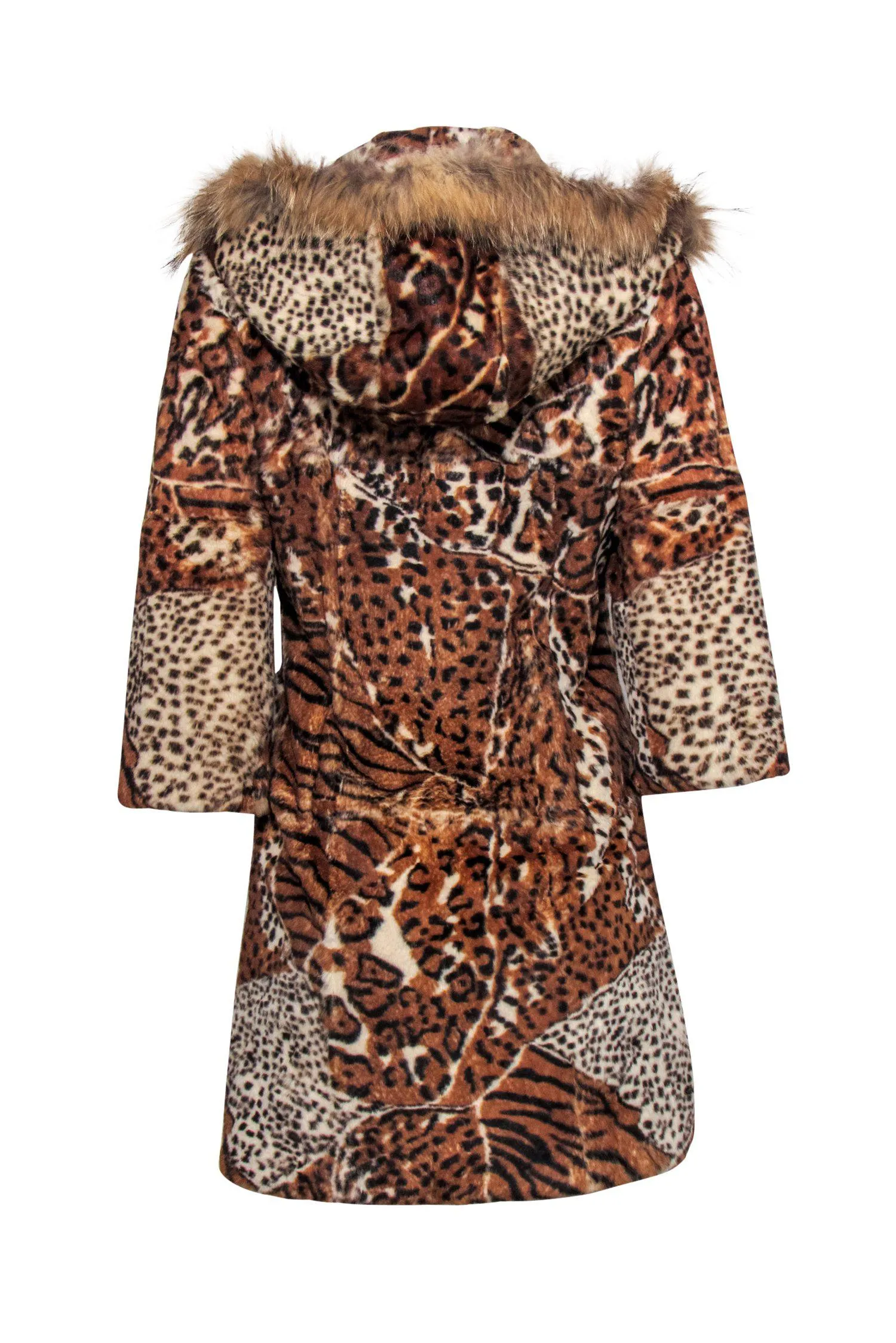 Alberto Makali - Tan Animal Print Rabbit Fur Longline Hooded Coat Sz S