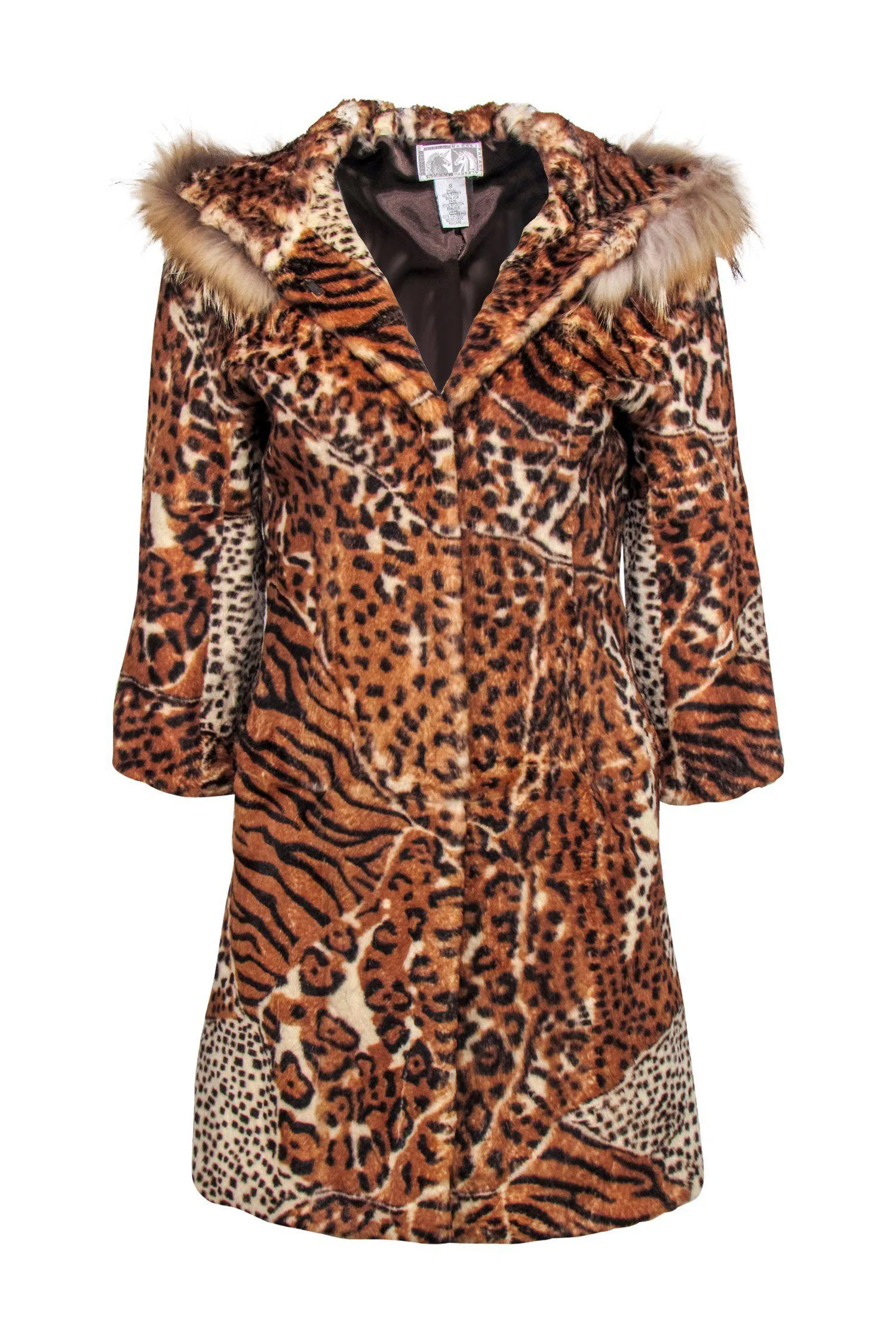 Alberto Makali - Tan Animal Print Rabbit Fur Longline Hooded Coat Sz S