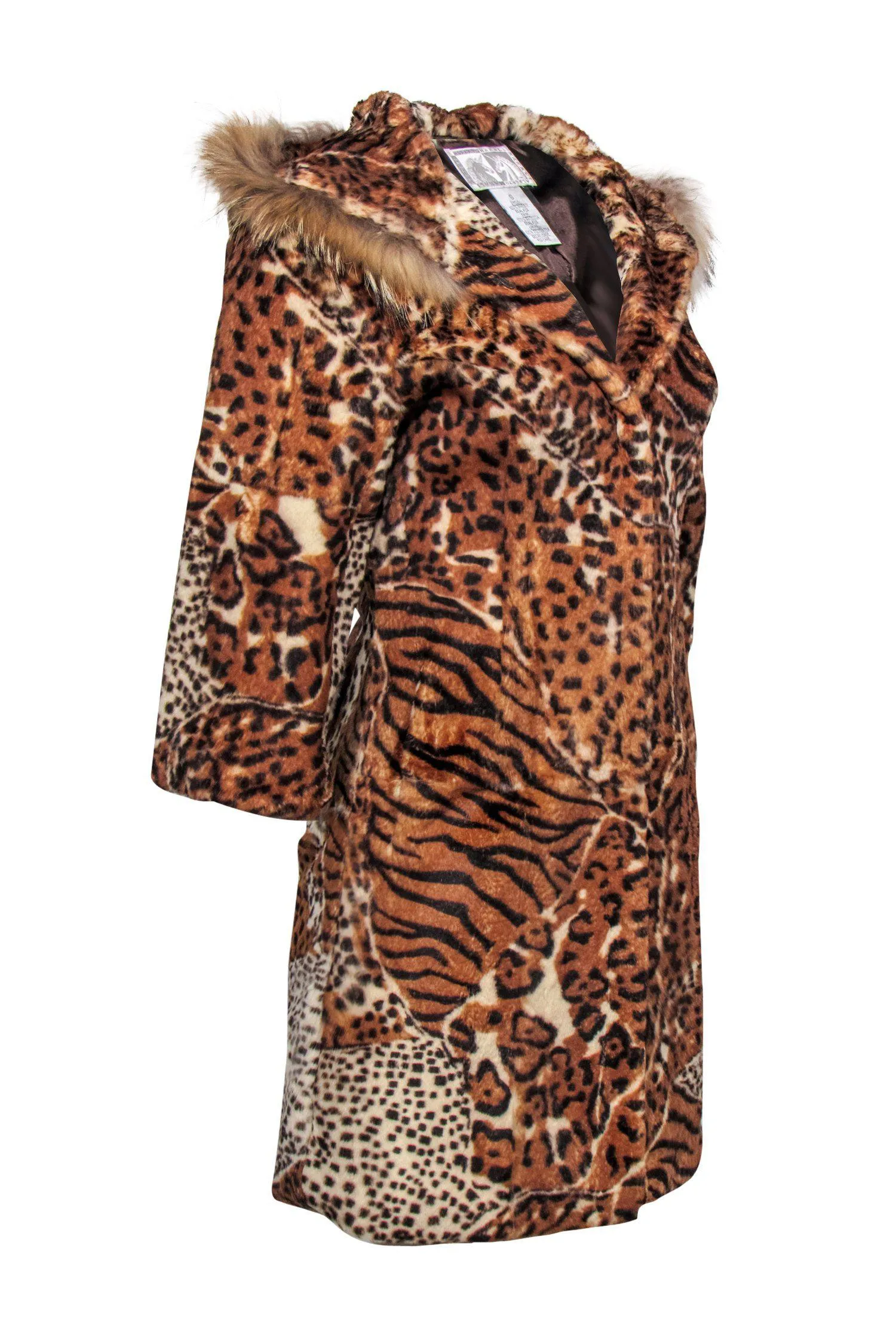 Alberto Makali - Tan Animal Print Rabbit Fur Longline Hooded Coat Sz S