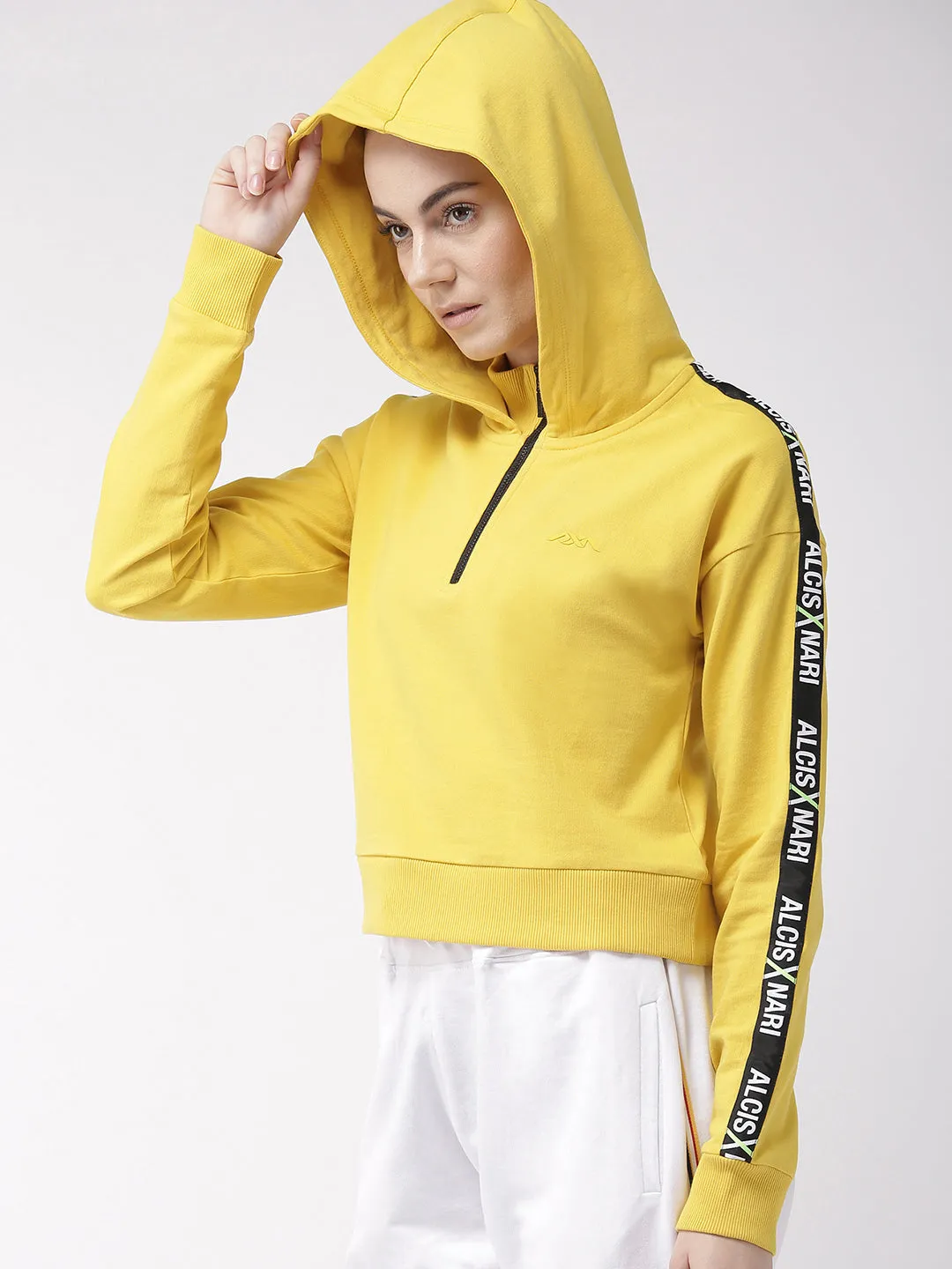 Alcis Women Yellow Solid Hooded Sweatshirt