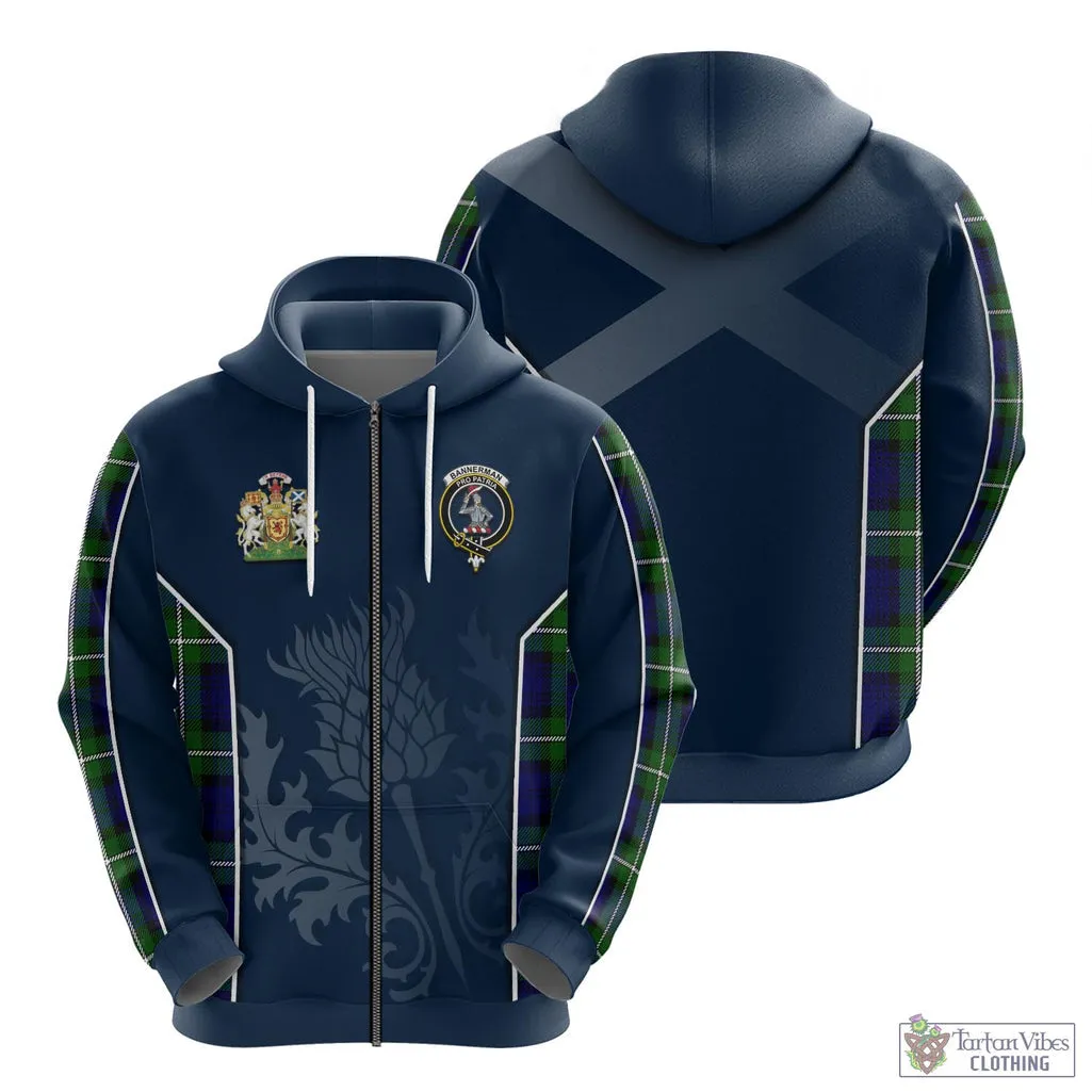 Bannerman Tartan Hoodie with Family Crest and Scottish Thistle Vibes Sport Style