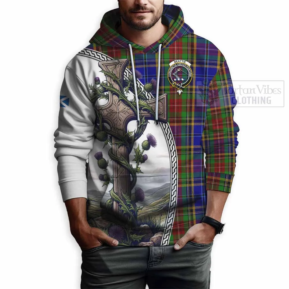 Beattie (Beatty) Tartan Hoodie with Family Crest and St. Andrew's Cross Accented by Thistle Vines