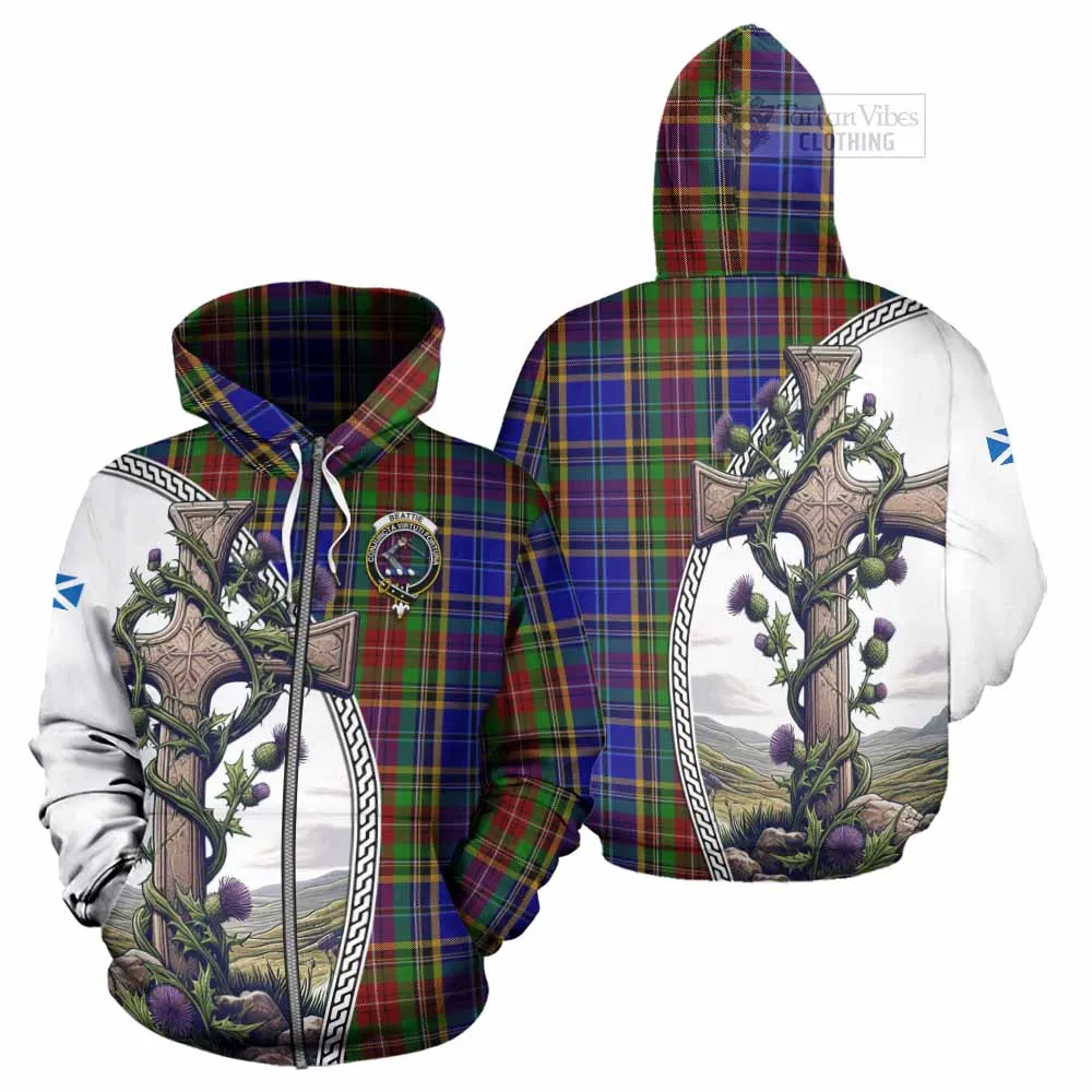 Beattie (Beatty) Tartan Hoodie with Family Crest and St. Andrew's Cross Accented by Thistle Vines