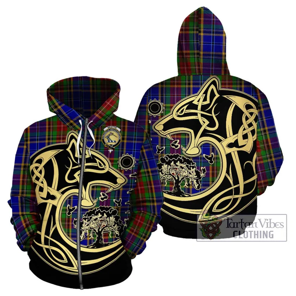 Beattie Tartan Hoodie with Family Crest Celtic Wolf Style