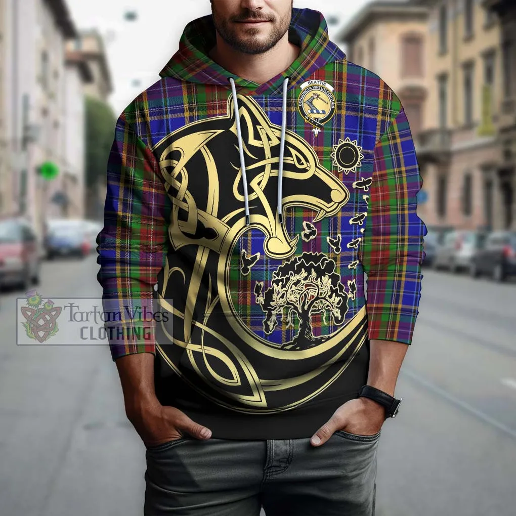 Beattie Tartan Hoodie with Family Crest Celtic Wolf Style