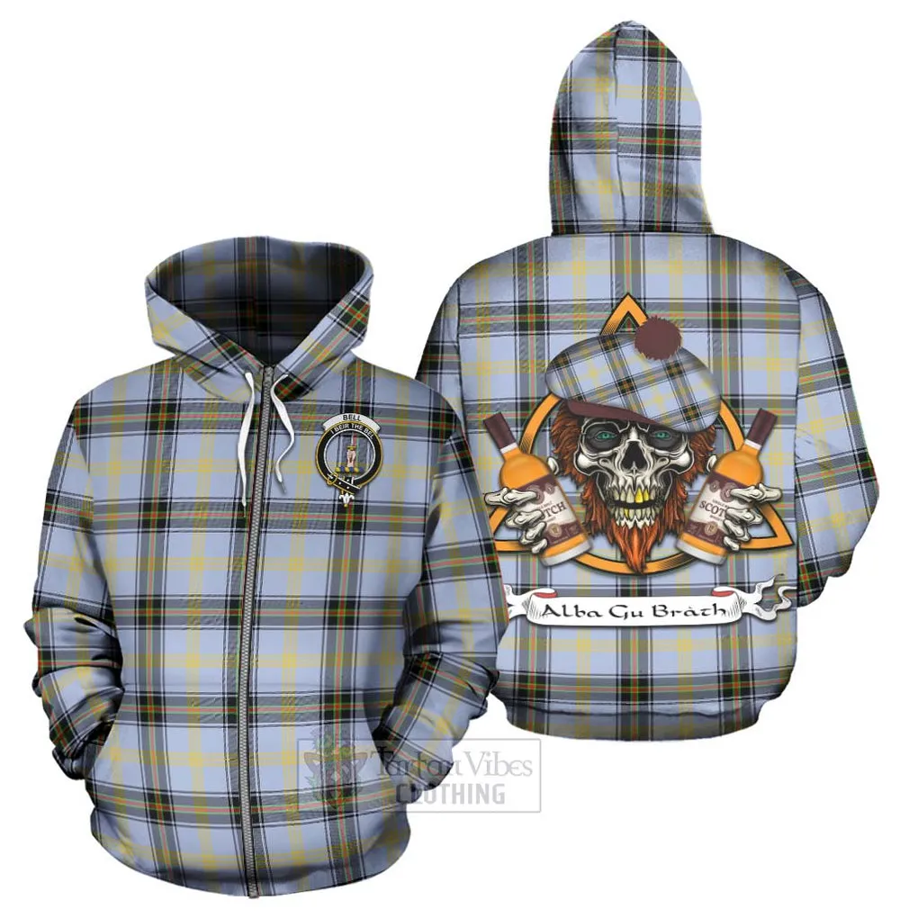 Bell Tartan Hoodie with Family Crest and Bearded Skull Holding Bottles of Whiskey