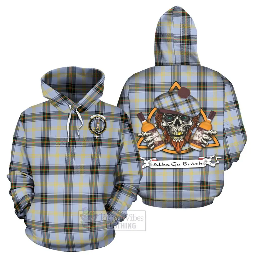 Bell Tartan Hoodie with Family Crest and Bearded Skull Holding Bottles of Whiskey