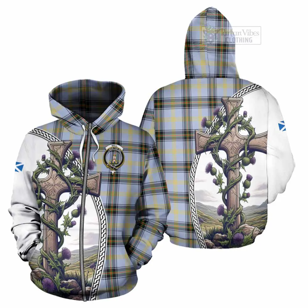 Bell Tartan Hoodie with Family Crest and St. Andrew's Cross Accented by Thistle Vines