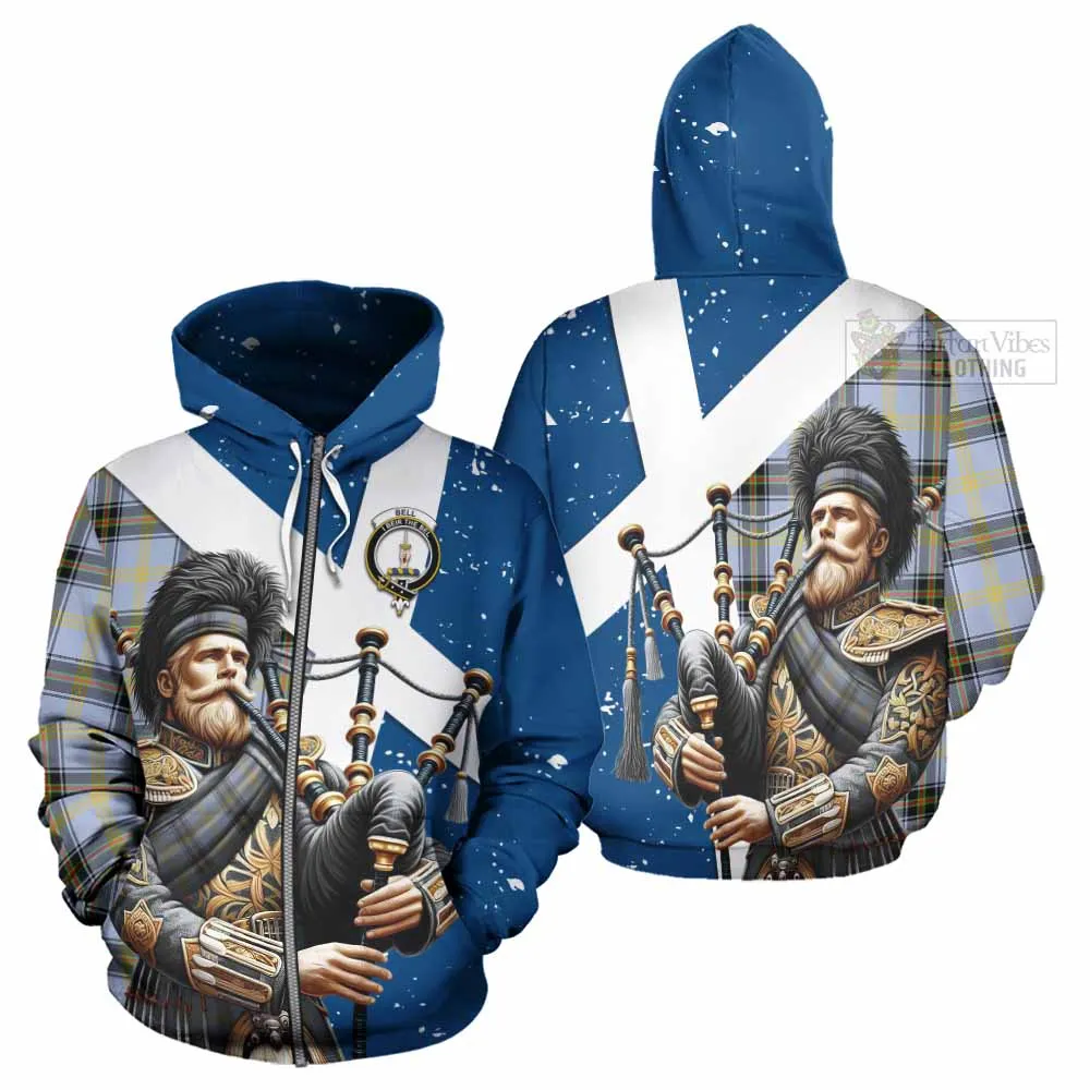 Bell Tartan Hoodie with Family Crest Scottish Bagpiper Vibes