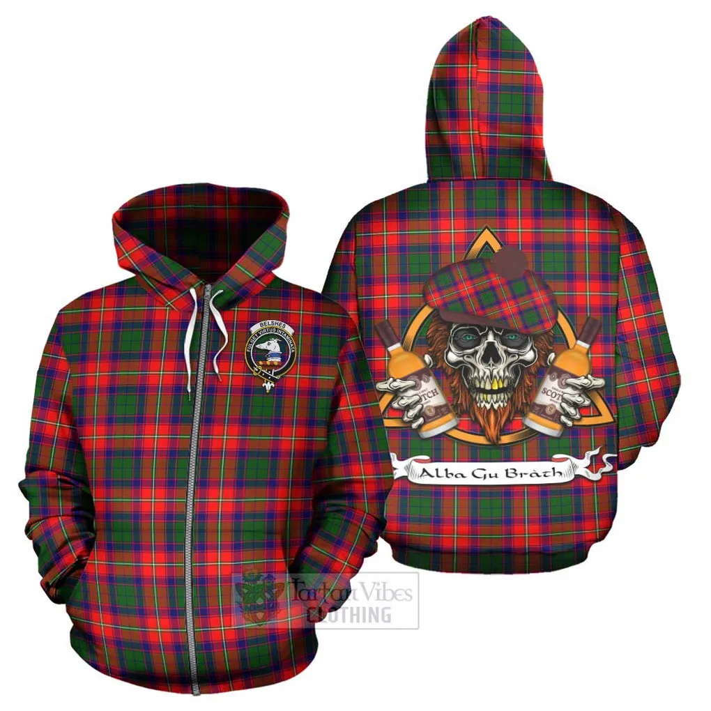 Belshes (Belsches) Tartan Hoodie with Family Crest and Bearded Skull Holding Bottles of Whiskey