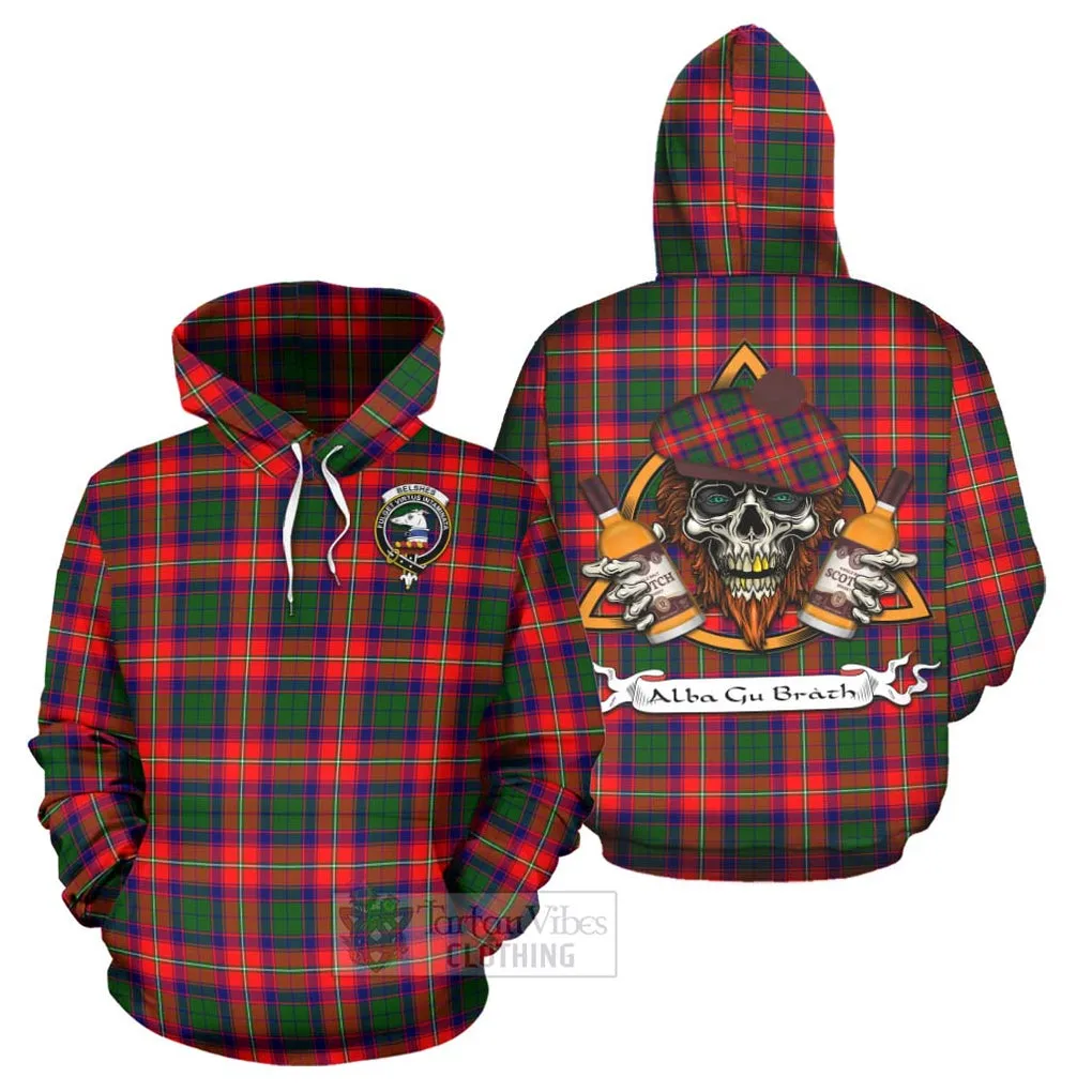 Belshes (Belsches) Tartan Hoodie with Family Crest and Bearded Skull Holding Bottles of Whiskey