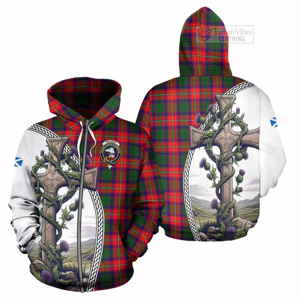 Belshes (Belsches) Tartan Hoodie with Family Crest and St. Andrew's Cross Accented by Thistle Vines