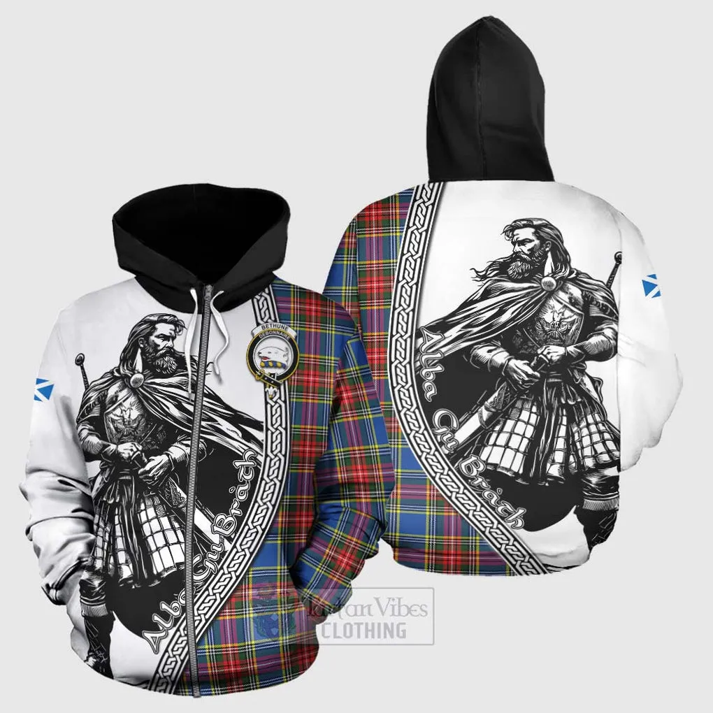 Bethune Tartan Clan Crest Hoodie with Highlander Warrior Celtic Style