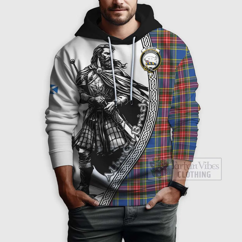 Bethune Tartan Clan Crest Hoodie with Highlander Warrior Celtic Style