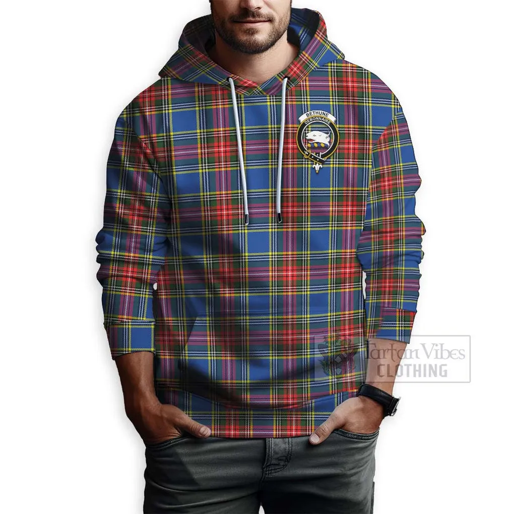 Bethune Tartan Hoodie with Family Crest and Bearded Skull Holding Bottles of Whiskey