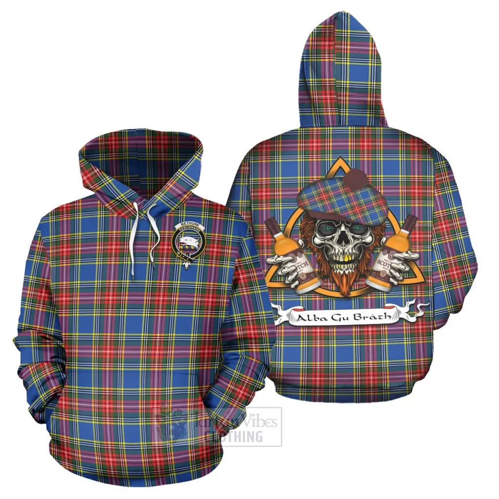 Bethune Tartan Hoodie with Family Crest and Bearded Skull Holding Bottles of Whiskey