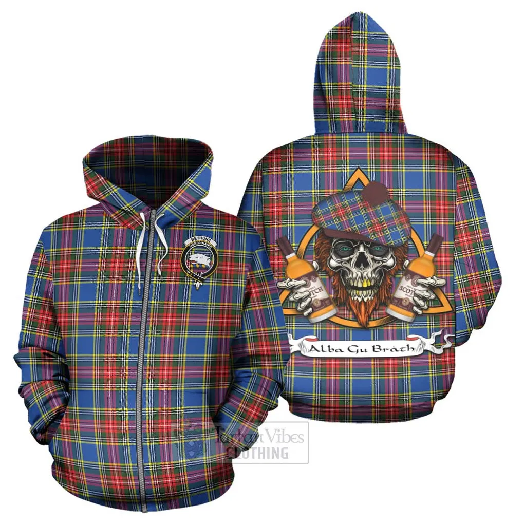 Bethune Tartan Hoodie with Family Crest and Bearded Skull Holding Bottles of Whiskey