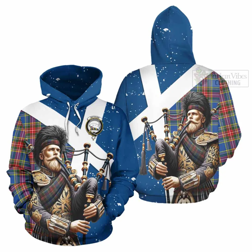 Bethune Tartan Hoodie with Family Crest Scottish Bagpiper Vibes