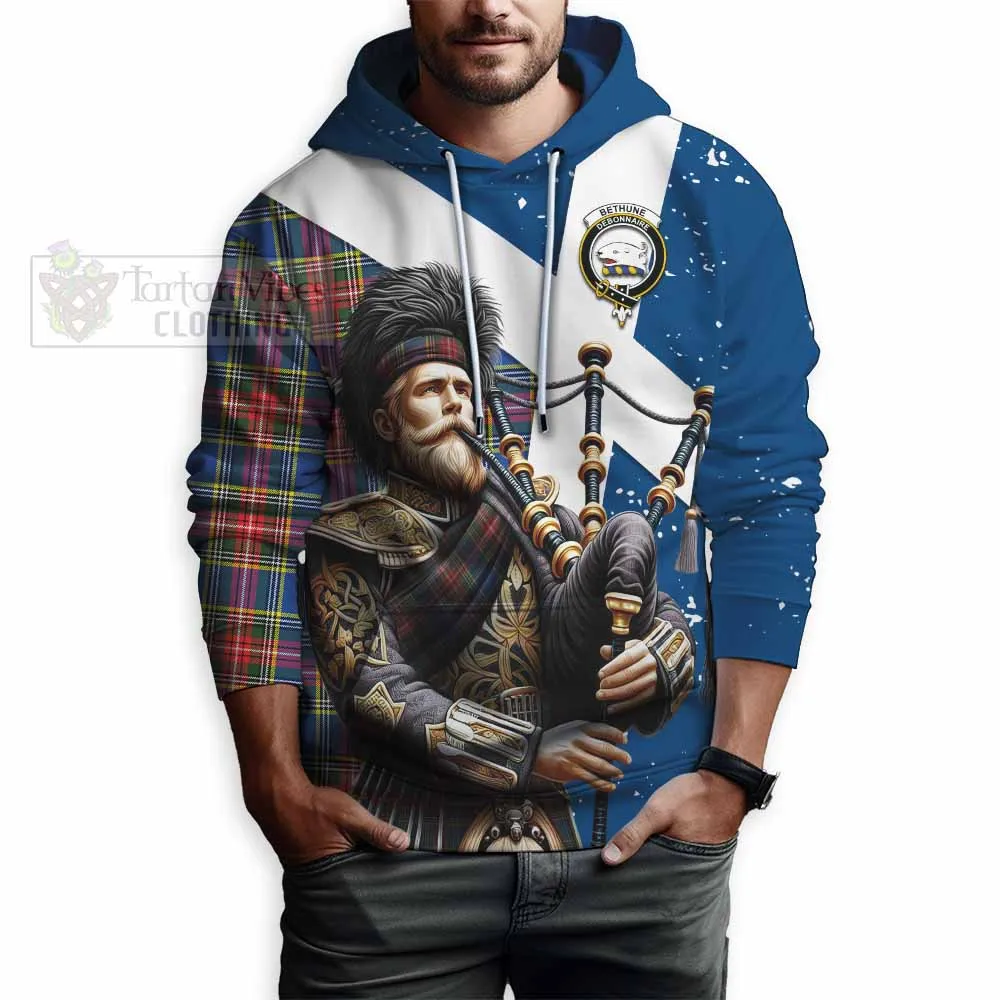 Bethune Tartan Hoodie with Family Crest Scottish Bagpiper Vibes