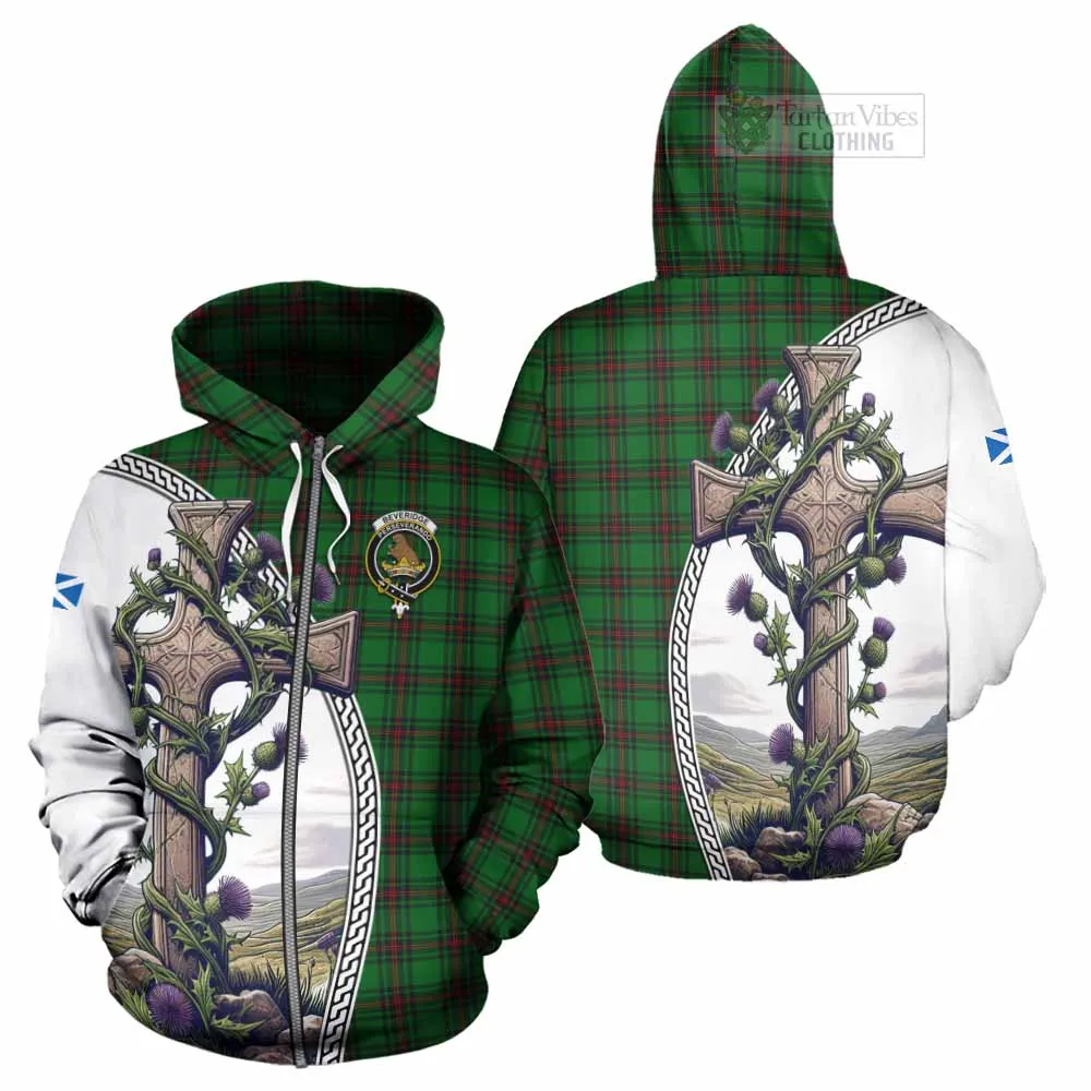 Beveridge Tartan Hoodie with Family Crest and St. Andrew's Cross Accented by Thistle Vines